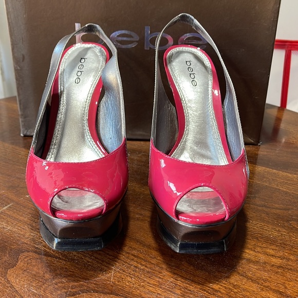 Bebe Zahara, hot pink & silver, open toe sling back platform stilettos, size 8 - Picture 3 of 12
